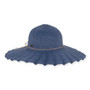 Navy woven floppy hat with scalloped brim, concentric stitching, tan decorative string, small metallic side emblem, shown in clear front angled view.