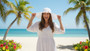 Lifestyle portrait of the Sun N Sand HH3602 Women’s Floppy Hat in a crisp white woven fabric, featuring a matching white hatband with a side metallic brand plate and a wide, structured scalloped floppy brim for an adjustable fit and UPF 50+ sun protection.