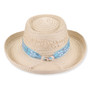 Three-quarter view of ivory Sun N Sand HH3616 A gambler hat featuring vented braided straw, geometric embroidered band, and metal hardware.