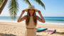 Lifestyle portrait of the Sun N Sand HH3616 A Women’s Gambler Hat in a natural woven straw, featuring a blue patterned hatband with a side metallic brand plate and a wide, structured flat brim with a ventilated crown for an adjustable fit and UPF 50+ sun protection.