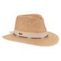 Three-quarter view of natural Sun N Sand HH3617 A fedora hat featuring braided straw, turquoise and wood bead band, and metal hardware.