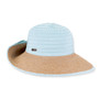 Light blue woven floppy sun hat, wide brim, textured straw, side metallic accent, teal bow, frontal view.