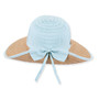 Light blue woven straw sun hat with wide brim, decorative bow, and contrasting trim.