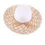 Three-quarter profile view of a white and tan woven straw floppy hat featuring a rounded crown, rope trim, and metal logo.