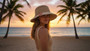 Lifestyle profile portrait of the Sun N Sand HH3640 Women’s Bucket Hat in a natural tan woven straw, featuring decorative colorful floral embroidery on the brim with a side metallic brand plate and a structured down-sloping brim for an adjustable fit and UPF 50+ sun protection.