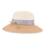 Three-quarter profile view of a two-tone woven straw bucket hat featuring a white crown, tan brim, and multi-colored braided band.