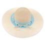 Three-quarter profile view of a tan and ivory woven straw floppy hat featuring a rounded crown, turquoise band, and seashell charms.