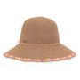 Three-quarter profile view of a dark tan crocheted bucket hat featuring a rounded crown, pink cord band, and floral-embroidered brim.
