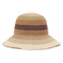 Three-quarter profile view of a multi-tonal striped crocheted bucket hat featuring a rounded crown and various shades of brown and tan.