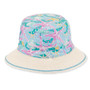 Three-quarter view of a white bucket hat featuring a colorful mermaid and starfish printed crown and adjustable chin strap.