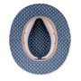 Top-down internal view of a white straw fedora, displaying the navy pattern printed on the under-brim, contrasting tan sweatband, and ventilation eyelets.