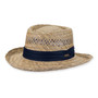 Three-quarter view of a natural straw safari hat featuring a vented crown, wide down-sloping brim, and a navy fabric band.