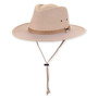 Three-quarter view of a tan performance fedora featuring a pinched crown, ventilation eyelets, corded band, and adjustable chin-strap.