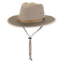 Three-quarter view of a taupe performance fedora featuring a pinched crown, ventilation eyelets, corded band, and adjustable chin-strap.