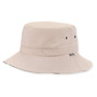 Three-quarter view of a tan performance bucket hat featuring a flat crown, textured fabric, ventilation eyelets, and a logo label.