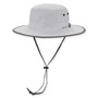 Three-quarter view of a light gray performance bucket hat featuring a flat crown, dark-trimmed brim, side ventilation eyelets, and adjustable chin-strap.