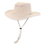 Three-quarter view of a cream performance sun hat featuring a mesh-ventilated crown, wide brim, adjustable chin cord, and plastic toggle.