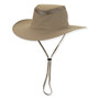 Three-quarter view of a tan performance sun hat featuring a mesh-ventilated crown, wide brim, adjustable chin cord, and plastic toggle.