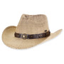 Natural straw western hat in three-quarter view, with curved brim, pinched crown, leather band, star badge, and metallic hardware.