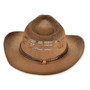 back view of a brown straw-textured western hat featuring a pinched crown, curved brim, braided cord band, and metallic hardware.