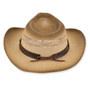 back view of a black marl-textured western hat featuring a pinched crown, curved brim, braided leather band, and bronze hardware.