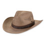 Three-quarter view of a brown marl-textured western hat featuring a pinched crown, curved brim, braided leather band, and bronze hardware.