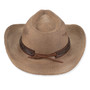 back view of a brown marl-textured western hat featuring a pinched crown, curved brim, braided leather band, and bronze hardware.