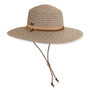 Front angled view of the Sun N Sand HH3434 women’s boater hat in multitone woven straw, featuring brown crown band and dual chin strap ties for sun protection.