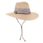 Three-quarter studio view of Sun N Sand HH3508 tan safari hat featuring a striped fabric band and braided chin strap.