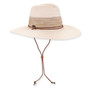 Three-quarter studio view of Sun N Sand HH3508 ivory safari hat featuring a striped fabric band and braided chin strap.