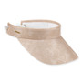 Three-quarter view of a tan lifestyle visor featuring a textured fabric finish, curved brim, gold metallic hardware, and white coil-strap.