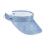 Three-quarter view of a light blue visor featuring a textured fabric finish, curved brim, bronze logo-plate, and white coil-strap.