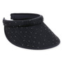 Three-quarter view of a black performance visor featuring a perforated breathable brim, textured fabric headband, and metallic brand hardware.