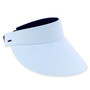 Three-quarter studio view of Sun N Sand light blue fabric visor featuring a smooth technical texture and metallic logo plate.