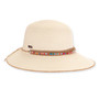 Three-quarter studio view of Sun N Sand HH3560 ivory tapered bucket hat featuring a colorful beaded band and tan corded edge.