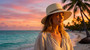 Lifestyle portrait of the Sun N Sand HH3560 Women’s Tapered Bucket Hat in natural-toned woven straw, featuring a thin decorative multicolored beaded hatband and a structured, down-sloping tapered brim for an adjustable fit and UPF 50+ sun protection.