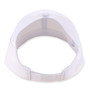 back  view of a white performance cap featuring smooth matte fabric, structured panels, curved bill, and tan logo-plate