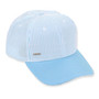 Light blue striped baseball cap with solid brim, white eyelets, small metallic side tag detail, shown in clear front angled product view.