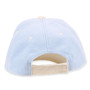 Light blue textured baseball cap with beige brim, six panel crown, ventilation eyelets, small brand tag, shown in clear front angled view.