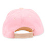 Pink textured baseball cap with beige brim, six panel crown, ventilation eyelets, small brand tag detail, shown in clean front angled view.