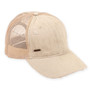 Three-quarter view of a tan trucker hat featuring mesh back panels, distressed cotton front panels, frayed curved bill, and silver logo-plate.