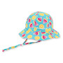 Three-quarter view of a bright blue sun hat with an all-over watermelon and lemon print, featuring a wide brim.