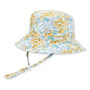 Three-quarter view of a light blue bucket hat featuring an all-over yellow floral print, floppy brim, and matching chin strap.