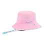 Three-quarter view of a light pink bucket hat featuring blue embroidered text, matching brim, and an adjustable patterned chin strap.