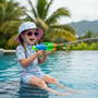 Lifestyle action shot of the Sun N Sand HK556 Kids’ Sun Hat in a blue and pink tropical palm tree print, featuring a wide protective brim and adjustable chin strap for secure sun protection during pool play, beach outings, and outdoor adventures.