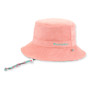Three-quarter view of a light orange terry cloth bucket hat featuring blue embroidered text and an adjustable patterned chin strap.
