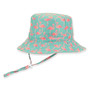 Three-quarter view of a mint green bucket hat featuring all-over pink flamingo prints, floppy brim, and adjustable patterned chin strap.
