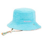 Three-quarter view of a bright teal terry cloth bucket hat featuring pink embroidered text and an adjustable patterned chin strap.