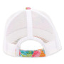 Three-quarter view of a floral print trucker hat featuring a vibrant pink and orange crown and white mesh back panels.