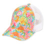 Three-quarter view of a floral print trucker hat featuring a vibrant pink and orange crown and white mesh back panels.